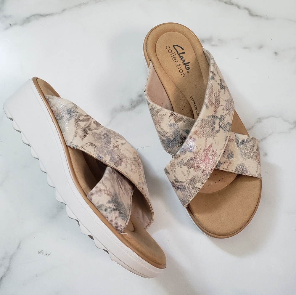 Clarks Collection Wedge Slide Sandals Jillian Gem-Sand Size 6.5 Wide A394305